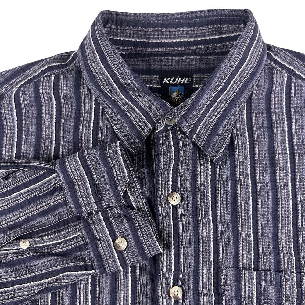 Kuhl Men's Large Long Sleeve Button Front Gray Blue White‎ Striped Shirt Hiking